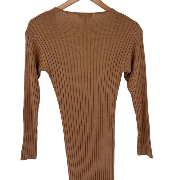 ASOS Design Knit Rib Midi Dress Faux Wrap Long Sleeve Stretchy Women US 4 Tan - Picture 6 of 9